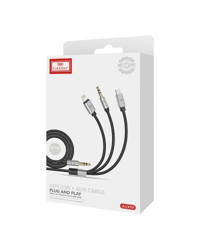 Аудио кабел Earldom ET-AUX09, 3.5mm към Lightning, Type-C, 3.5mm, 3в1, 1.2м, Черен - 40219