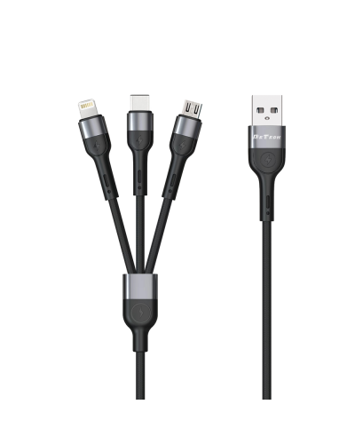 Кабел за зареждане DeTech DE-C41, 3 в 1, Micro USB, Lightning, Type-C, 1.0m, Черен - 40204