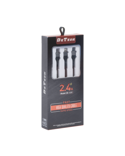 Кабел за зареждане DeTech DE-C41, 3 в 1, Micro USB, Lightning, Type-C, 1.0m, Черен - 40204