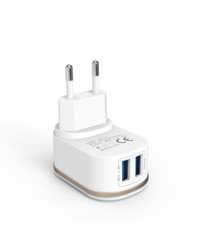 Мрежово зарядно устройство DeTech DE-15C, 5V/3.1A, 220V, 2 x USB, С Type-C кабел, 1.0m, Бял - 40098
