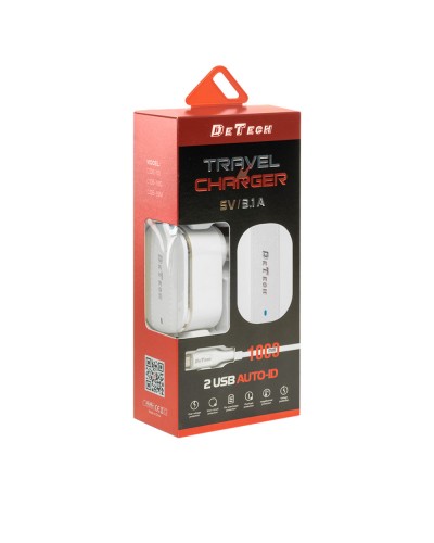 Мрежово зарядно устройство DeTech DE-15C, 5V/3.1A, 220V, 2 x USB, С Type-C кабел, 1.0m, Бял - 40098