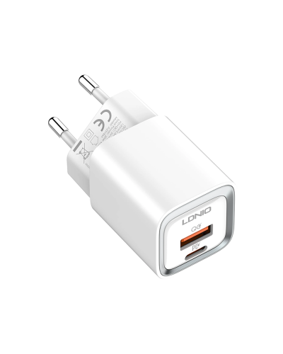 Мрежово зарядно устройство LDNIO A2318M, MFi, 20W, 1 x Type-C F, 1 x USB F, PD, QC, С Кабел Type-C към Lightning, Бял - 40281