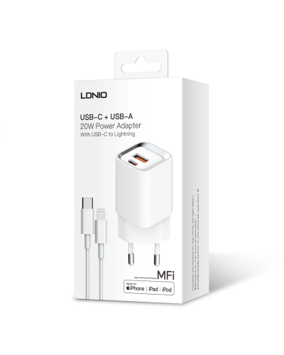 Мрежово зарядно устройство LDNIO A2318M, MFi, 20W, 1 x Type-C F, 1 x USB F, PD, QC, С Кабел Type-C към Lightning, Бял - 40281