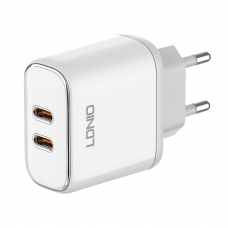 Мрежово зарядно устройство LDNIO A2528C, 35W, 2 x Type-C F, PD, С Кабел Type-C към Lightning, Бял - 40283