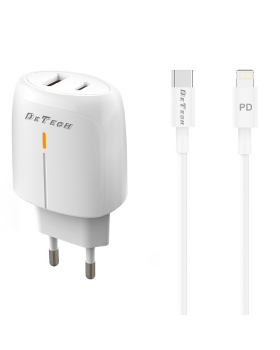 Мрежово зарядно устройство DeTech DE-31PDL, 20W, С Type-C към Lightning кабел, 1 x Type-C F, 1 x USB F, PD, QC, Бял - 40323