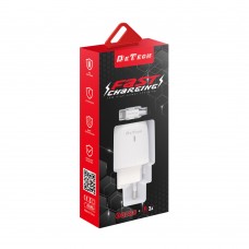 Мрежово зарядно устройство DeTech DE-32QCi, 18W, С Lightning кабел, 2 x USB F, QC, Бял - 40326