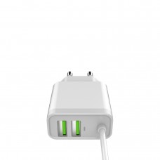 Мрежово зарядно устройство LDNIO A321, 5V 3.1A, 2 x USB, С кабел за iPhone 5/6/7SE, Бял - 14742
