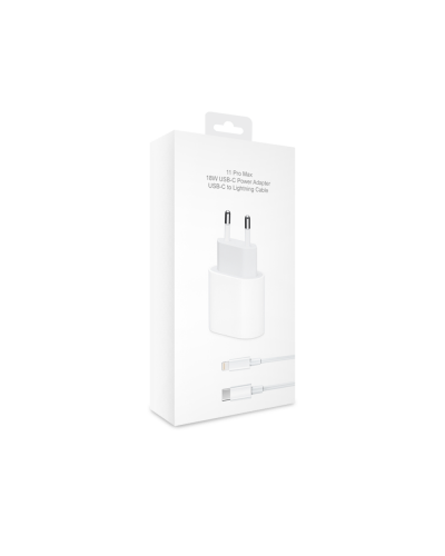 Мрежово зарядно устройство No brand, iPhone 11 Pro, 1xType-C PD, 5V/3.0A, + Кабел Type-C към Lightning , 1.0m, Бял - 14991