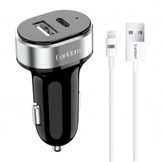 Зарядно устройство за кола Earldom ES-CC14, 1xUSB, 1xType-C, С Lightning кабел, Черен - 40242