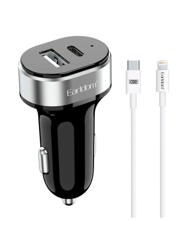 Зарядно устройство за кола Earldom ES-CC14, 1xUSB, 1xType-C, С PD Lightning кабел, Черен - 40245