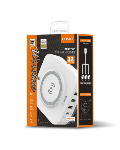 Безжично зарядно устройство LDNIO, 32W, Qi, 1 x Type-C F, 3 x USB F, PD, QC, PPS, Бял - 40294