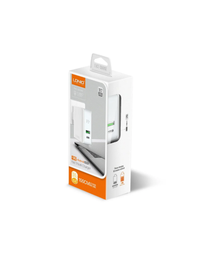 Мрежово зарядно устройство LDNIO A4403C, 1xUSB, 1xType-C PD, С кабел Type-C към Type-C, Бял - 40094