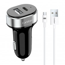 Зарядно устройство за кола Earldom ES-CC14, 1xUSB, 1xType-C, С Micro USB кабел, Черен - 40241