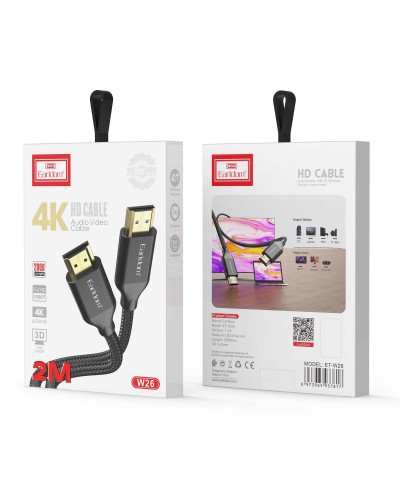 Кабел Earldom ET-W26 HDMI - HDMI, 2м., 4К, С оплетка, Черен - 18384