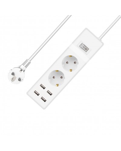 Удължител No brand, 2 гнезда, 250V, 16A, Кабел, 1.5m, 4 x USB F, С ключ, Бял - 17883