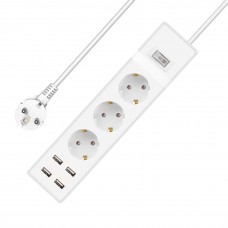 Удължител No brand, 3 гнезда, 250V, 16A, Кабел, 1.5m, 4 x USB F, С ключ, Бял - 17885