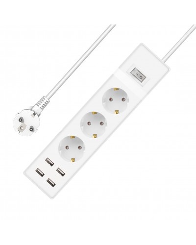 Удължител No brand, 3 гнезда, 250V, 16A, Кабел, 1.5m, 4 x USB F, С ключ, Бял - 17885