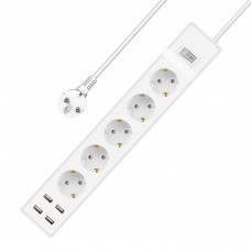 Удължител No brand, 5 гнезда, 250V, 16A, Кабел, 1.5m, 4 x USB F, С ключ, Бял - 17889