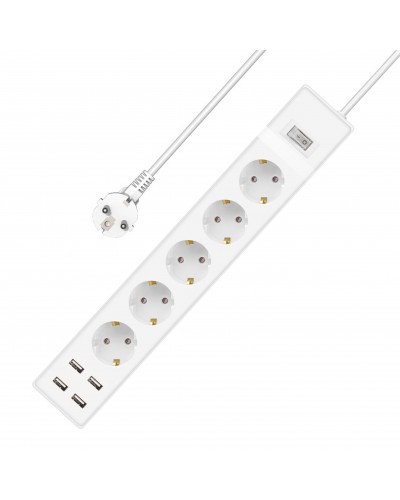 Удължител No brand, 5 гнезда, 250V, 16A, Кабел, 1.5m, 4 x USB F, С ключ, Бял - 17889