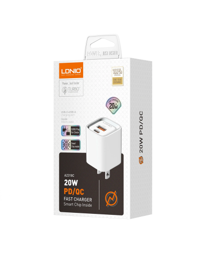 Мрежово зарядно устройство LDNIO A2318C, 20W, 1 x Type-C F, 1 x USB F, PD, QC, С Кабел Type-C към Lightning, Бял - 40293