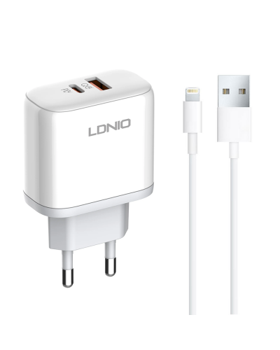 Мрежово зарядно устройство LDNIO A2526C, 45W, 1 x Type-C F, 1 x USB F, PD, QC, PPS, С Lightning кабел , Бял - 40285