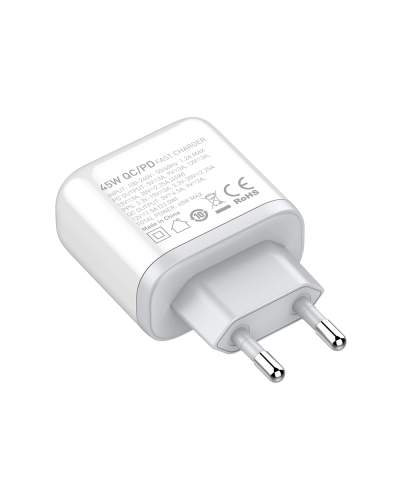 Мрежово зарядно устройство LDNIO A2526C, 45W, 1 x Type-C F, 1 x USB F, PD, QC, PPS, С Кабел Type-C към Lightning , Бял - 40288