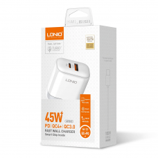 Мрежово зарядно устройство LDNIO A2526C, 45W, 1 x Type-C F, 1 x USB F, PD, QC, PPS, С Кабел Type-C към Lightning , Бял - 40288