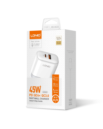 Мрежово зарядно устройство LDNIO A2526C, 45W, 1 x Type-C F, 1 x USB F, PD, QC, PPS, С PD Type-C кабел, Бял - 40287