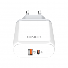 Мрежово зарядно устройство LDNIO A2526C, 45W, 1 x Type-C F, 1 x USB F, PD, QC, PPS, С Type-C кабел , Бял - 40286