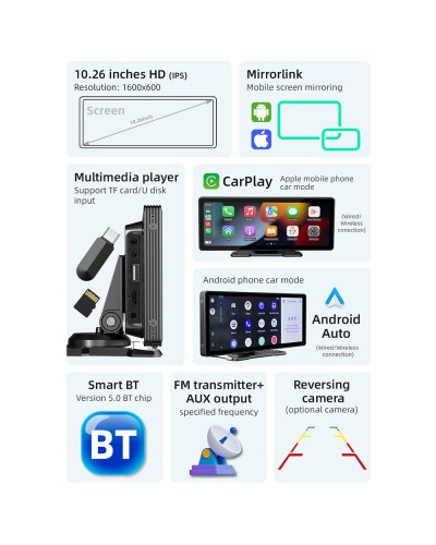 Преносим CarPlay / Android Auto дисплей No brand X5303, 10.26", За кола - 13319