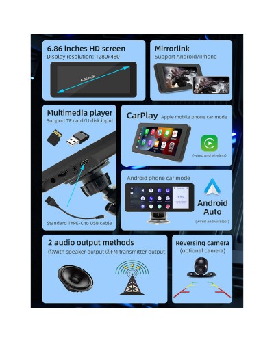 Преносим CarPlay / Android Auto дисплей No brand, X5368, 6.86", За автомобил - 13327