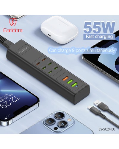 Удължител Earldom ES-SC24, 6 х USB-C, 3 x USB F, 1м., Черен - 40520