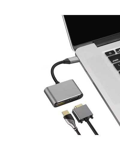 Преходник DeTech, 2в1, USB-C – HDMI+VGA, 4K, 30Hz, 3D, Сив - 17842