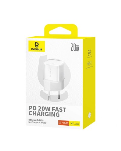 Мрежово зарядно устройство Baseus GaN5S Fast Charger 1C, 20W, 1 x Type-C F, Бял - 40407