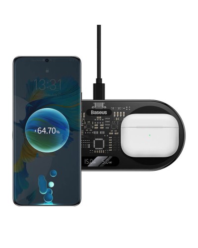 Безжично зарядно устройство Baseus Digital LED, 2в1, Qi, 20W, Черен - 40384