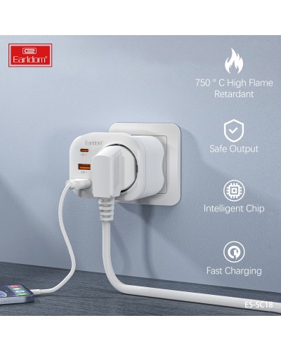 Универсален преходник - зарядно Earldom ES-SC18, 2xUSB, 1xType-C, Шуко, Бял - 40524