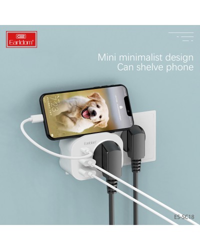 Универсален преходник - зарядно Earldom ES-SC18, 2xUSB, 1xType-C, Шуко, Бял - 40524