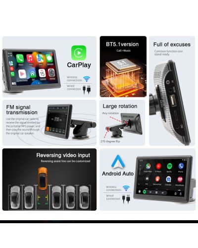 Преносим CarPlay / Android Auto дисплей No brand X500L, 7", За автомобил - 13309