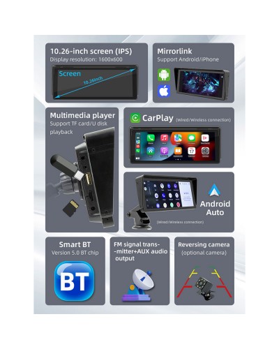 Преносим CarPlay / Android Auto дисплей No brand X5313, 10.26", За кола - 13318