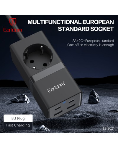 Удължител Earldom ES-SC21, 1 гнездо, CEE 7/3, 2 х USB F, 2 x USB-C, 1м., Черен - 40521
