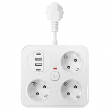Удължител No brand, 3 гнезда, 250V, 10A, Кабел, 1.8м., 2 x USB-F, 2 x USB-C, С ключ, Бял - 17964