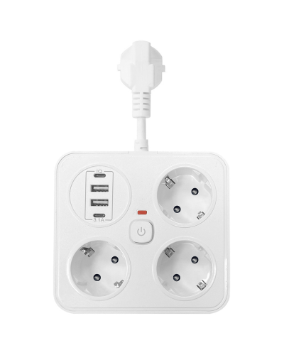 Удължител No brand, 3 гнезда, 250V, 10A, Кабел, 1.8м., 2 x USB-F, 2 x USB-C, С ключ, Бял - 17964