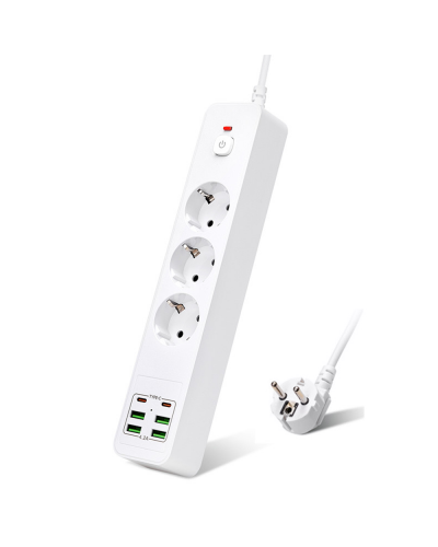 Удължител No brand, 3 гнезда, 250V, 10A, Кабел, 1.8м., 4 x USB-F, 2 x USB-C, С ключ, Бял - 17967