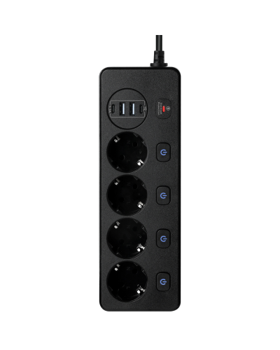 Удължител No brand, 4 гнезда, 250V, 10A, Кабел, 1.8м., 2 x USB-F, 2 x USB-C, С ключ, Бял - 17965