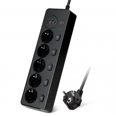 Удължител No brand, 4 гнезда, 250V, 10A, Кабел, 1.8м., 2 x USB-F, 2 x USB-C, С ключ, Бял - 17965
