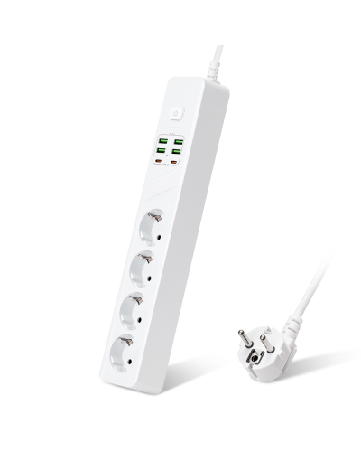 Удължител No brand, 4 гнезда, 250V, 10A, Кабел, 1.8м., 4 x USB-F, 2 x USB-C, С ключ, Бял - 17968