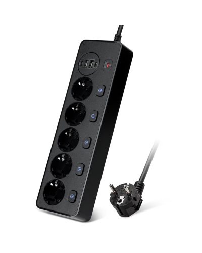 Удължител No brand, 5 гнезда, 250V, 10A, Кабел, 1.8м., 2 x USB-F, 2 x USB-C, С ключ, Бял - 17966