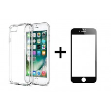 Комплект стъклен протектор с силиконови ръбове + Калъф, Remax Crystal, за iPhone 7 Plus, Черен - 52227