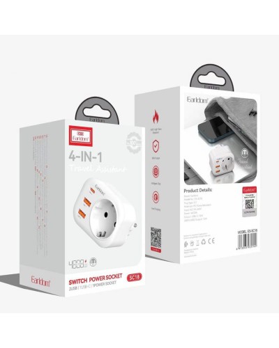 Универсален преходник - зарядно Earldom ES-SC16, 2xUSB, 1xType-C, EU/US/UK/AU към EU, 220V, Бял - 40525