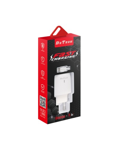 Мрежово зарядно устройство DeTech DE-32QCC, 18W, С Type-C кабел, 2 x USB F, QC, Бял - 40327